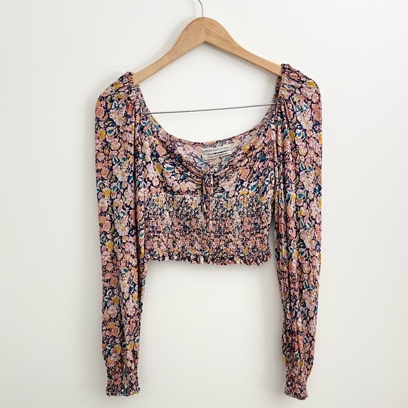 UO Old Soul Smocked Cropped Puff Long Sleeve Tie Blouse - Picture 3 of 11